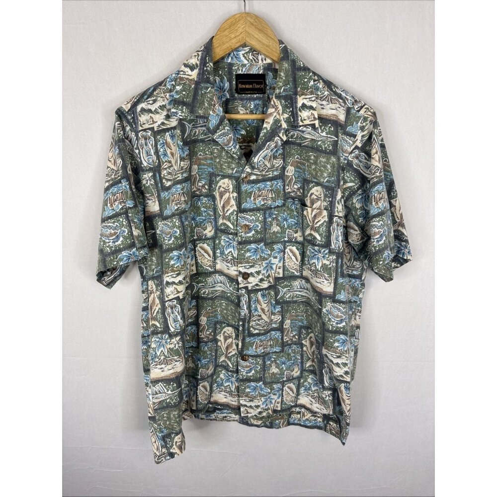 Vintage Hawaiian Flavor Aloha Shirt Mens M Green Fish‎ Island Print Made USA